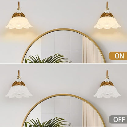 1 Piece Vintage Wall Sconce with Floral White Glass Shade, Matte Brass Finish Wall Sconce for Bathroom, Vintage Bathroom Vanity Light Fixture