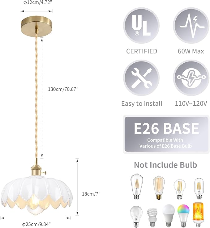 Mid Century Modern Pendant Light Nordic White Chandelier with Hand Blown Flower Glass Shade Brass Adjustable Height Dining Table Pendant Lamp with Switch for Kitchen Island Dining Room Hotel
