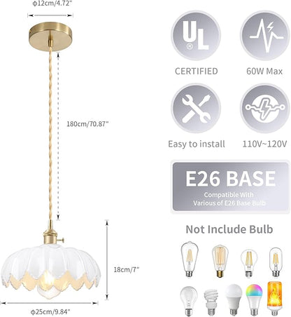 Mid Century Modern Pendant Light Nordic White Chandelier with Hand Blown Flower Glass Shade Brass Adjustable Height Dining Table Pendant Lamp with Switch for Kitchen Island Dining Room Hotel