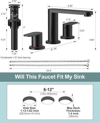 BWE Matte Black Bathroom Faucet 3 Hole - 8 Inch Widespread Bathroom Sink Faucet, Pop-up Drain and Supply Lines, 360° Swivel Spout 2-Handle Black Vanity Faucets for Bath