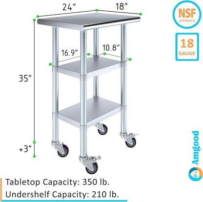 Stainless Steel Work Table with 2 Shelves and Casters | Kitchen Island Food Prep | Laundry Garage Utility Bench | NSF Certified (24" Long x 18" Deep)