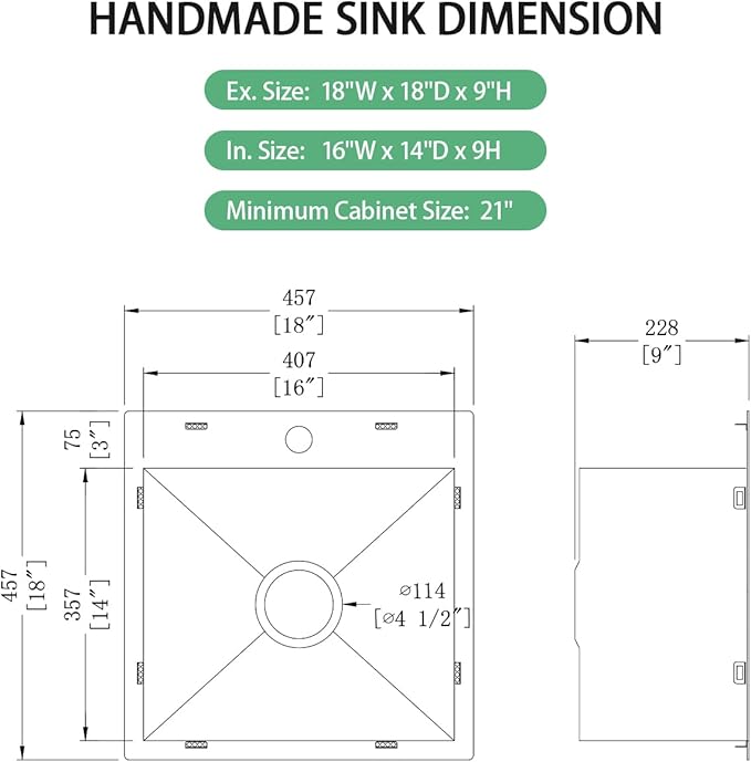 FRANIC 18" Handmade Black Bar Workstation Sink, 18" x 18" x 9" Stainless Steel Matte Nano Black Topmount Single Bowl Small Kitchen Outdoor Sink