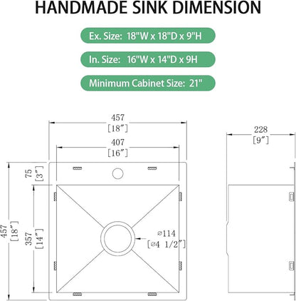 FRANIC 18" Handmade Black Bar Workstation Sink, 18" x 18" x 9" Stainless Steel Matte Nano Black Topmount Single Bowl Small Kitchen Outdoor Sink