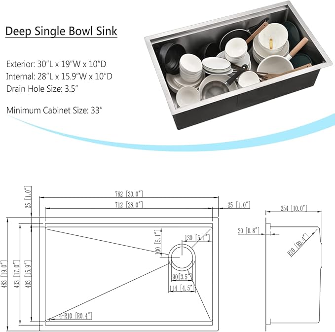 30 Inch Undermount Kitchen Sink 16 Gauge Stainless Steel Kitchen Sink R10 Single Bowl Workstation with Offset Drain 30"x19"x10"