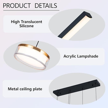 Modern Black LED Dining Room Light Fixture with Remote Control, 38.5" 38W 3-Color Temp Stepless Dimmable Island Pendant Lights, Hanging Adjustable Linear Chandelier for Kitchen Bar