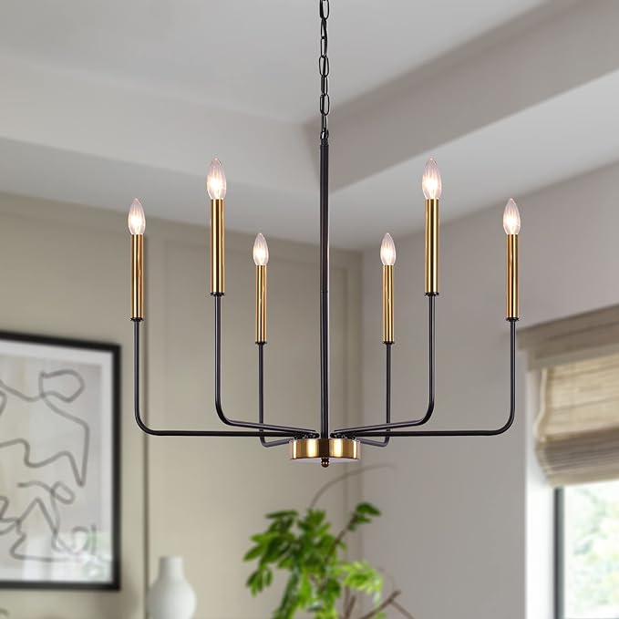 Modern Farmhouse Chandelier for Dining Room, 6 Lights Chandelier Light Fixture Adjustable Height, Black and Gold Hanging Candle Pendant Lighting for Kitchen Island Living Room Bedroom Foyer