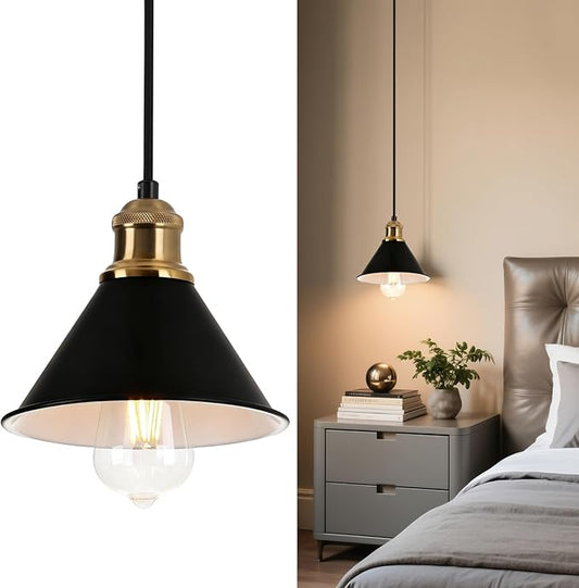 Modern Pendant Light for Kitchen Island, 9.06" Matte Black with Leather Strap Accents, Industrial Hanging Ceiling Lamp with Gold Finish, Adjustable Height for Dining Room Bar Sink, E26 Base