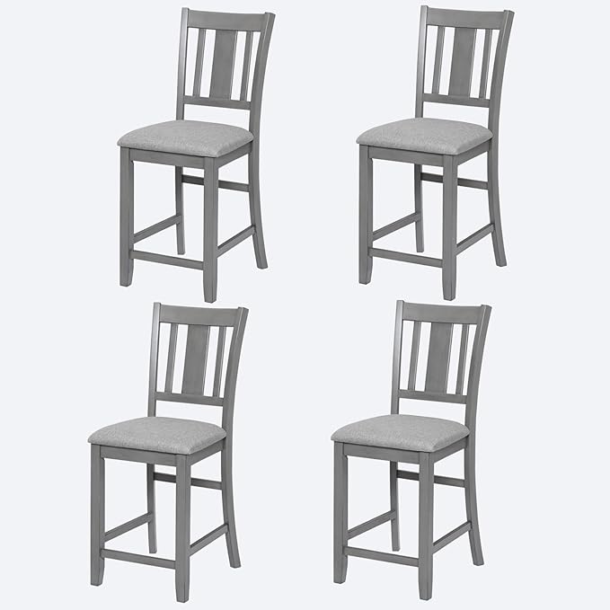 Set of 4 Dining Chairs, Wooden Kitchen Chairs with Padded Cushion, Upholstered Stools for Kitchen Island, Dining Room, Living Room, Easy Assembly (Gray - Slatted backrest)