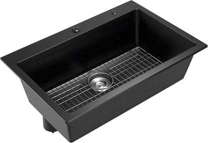 VEVOR 33 inch Kitchen Sink Workstation, Top Mount Granite Sinks, Drop-In Single Bowl Farmhouse Basin with Multiple Accessories, Household Dishwasher Sinks (22"D x 33"W x 9"H)