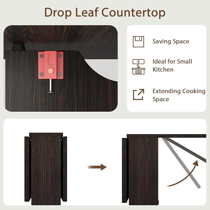 IDEALHOUSE FoldingTable, Drop Leaf Dining Table with 6 Wheels and 2-Layer Storage Shelf, Space Saving Table for Small Spaces (Dark Walnut, 50.1" D x 31.4" W x 29.5" H)
