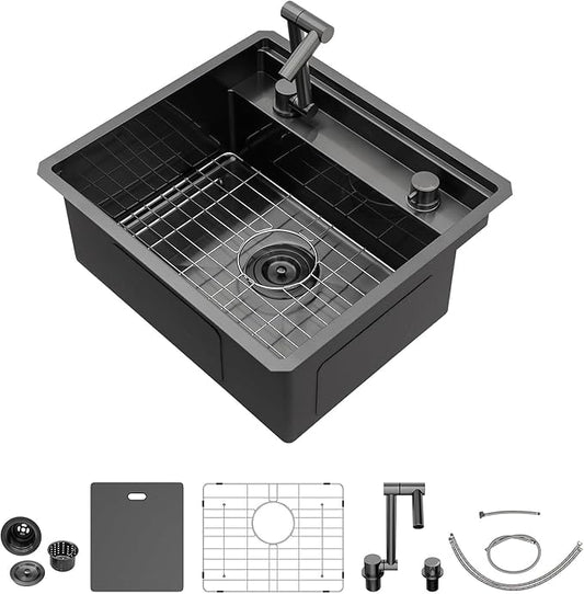 18x18 Inch Outdoor Sink Black Undermount RV Sink Workstation NANO PVD 16 Gauge Stainless Steel Single Bowl Handmade Outdoor Kitchen Sinks With Folding Faucet 18"x18"x9"