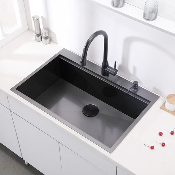 VAPSINT 28 Inch Black Drop In Kitchen Sink, 28x18 Inch Top Mount 16 Gauge Comemercial Stainless Steel Gunmetal Black Handmade Single Bowl Sink for Kitchen with Drain Strainer & Grid