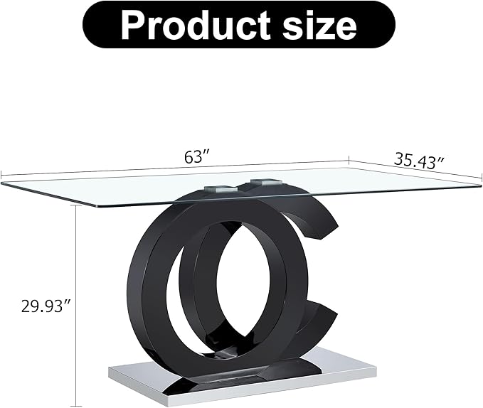 Ebullient 63" Glass Dining Table, Black OC Design Base Rectangular Glass Kitchen Table, Glass Top Dining Table for 4-6 Persons Table Furniture for Dining Room/Kitchen