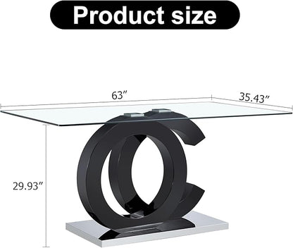 Ebullient 63" Glass Dining Table, Black OC Design Base Rectangular Glass Kitchen Table, Glass Top Dining Table for 4-6 Persons Table Furniture for Dining Room/Kitchen