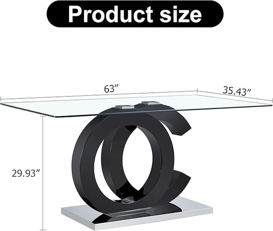 Ebullient 63" Glass Dining Table, Black OC Design Base Rectangular Glass Kitchen Table, Glass Top Dining Table for 4-6 Persons Table Furniture for Dining Room/Kitchen