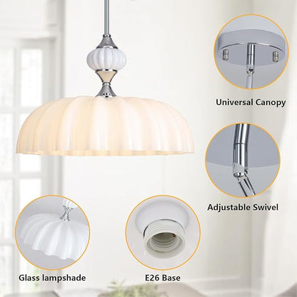 15.7 Inch Vintage Flower Brushed Nickel Chandelier, Adjustable Height Pendant Light with White Milk Glass Shades, Farmhouse Ceiling Light Fixture for Kitchen Island, Dining Room, Bedroom