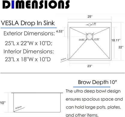 25 Inch Black Drop In Kitchen Sink, 25 x 22 Inch16 Gauge Single Bowl Stainless Steel Handmade Topmount Black Sink RV Bar Sink Basin with Accessories