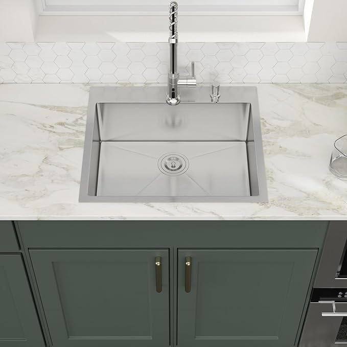 25x22 Drop in Kitchen Sink 25 Inch Stainless Steel Sinks 16 Guage 304 Single Bowl 9'' Deep Sinks with Drain Assembly LMT25229