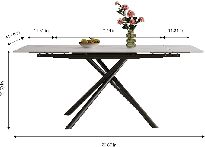 Runboll 47"-71" Extendable Sintered Stone Dining Table for 4 to 8, Modern Rectangular Kitchen Table with Carbon Steel Legs for Dining Room Family Gathering