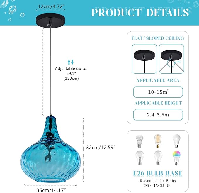 Lighting Modern Globe Pendant Light Fixtures Blue Glass Pendant Lights Vintage 1-Light Single Kitchen Island Hanging Light Mouth-Blown Glass Lampshade Mid Century Black Hanging Lights