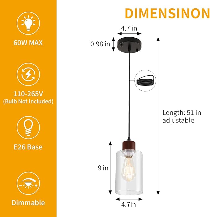 Modern Wood Pendant Lighting for Kitchen Island, Farmhouse Pendant Light Fixtures 2 Pack, Adjustable Hanging Ceiling Light with Clear Glass Shade