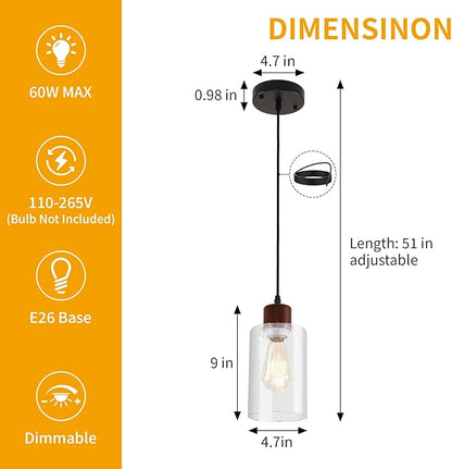 Modern Wood Pendant Lighting for Kitchen Island, Farmhouse Pendant Light Fixtures 2 Pack, Adjustable Hanging Ceiling Light with Clear Glass Shade
