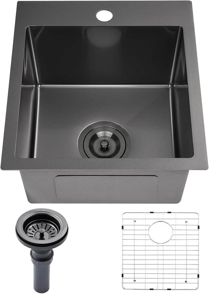 15x17 Inch Black Bar Sink Drop In Kitchen Sink, Topmount Stainless Steel Square Small Sinks, Single Bowl Kitchen Sinks for Laundry Wet Bar Prep RV Office Outdoor Yard with Grid & Drain