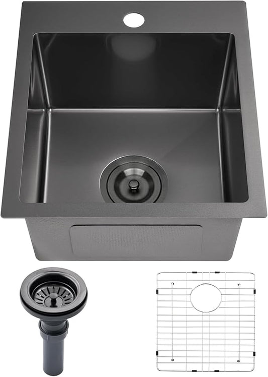 15x17 Inch Black Bar Sink Drop In Kitchen Sink, Topmount Stainless Steel Square Small Sinks, Single Bowl Kitchen Sinks for Laundry Wet Bar Prep RV Office Outdoor Yard with Grid & Drain