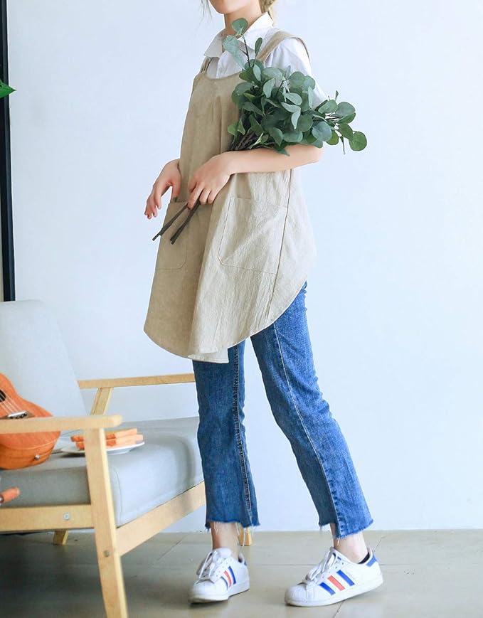 Soft Cotton Linen Apron Cross Back X-Shaped Japanese Style Pinafore Dress for Cooking, Housewarming, Daily Chores