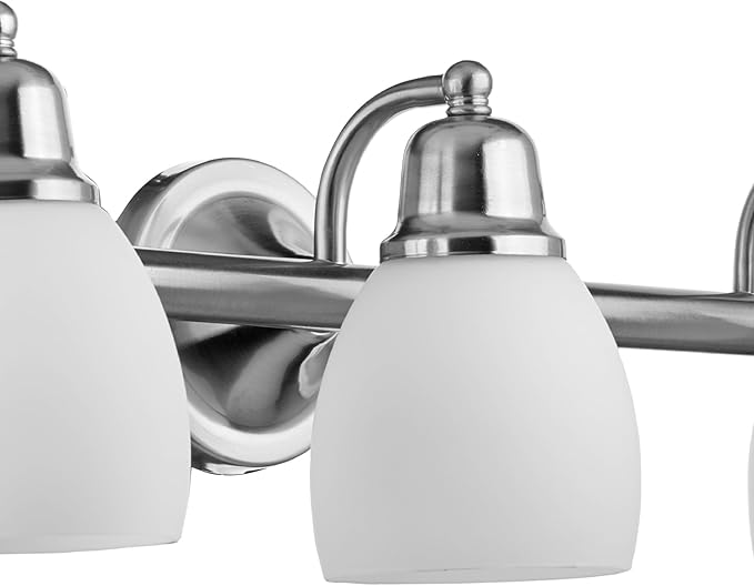 Globe Electric 51229 Jayden 5-Piece All-in-One Bathroom Set, Satin Nickel, 3-Light Vanity Light with White Opal Glass Shades, Towel Bar, Toilet Paper Holder, Towel Ring, Robe Hook