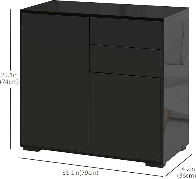 HOMCOM High Gloss Buffet Sideboard with Drawers, Door Cupboards and Adjustable Shelf, Kitchen Storage Cabinet with Push to Open Design, Black