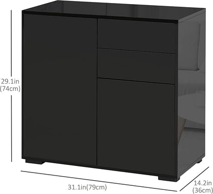 HOMCOM High Gloss Buffet Sideboard with Drawers, Door Cupboards and Adjustable Shelf, Kitchen Storage Cabinet with Push to Open Design, Black