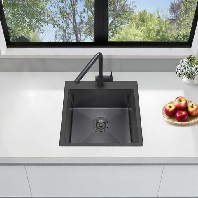 Friho Drop-in Black Bar Sink, 18"x 18" Inch Small Kitchen Sink, Stainless Steel Handmade Single Bowl Topmount RV Kitchen Sinks With Basket Strainer