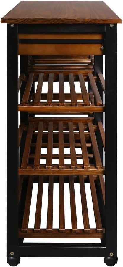 Casual Home Solid Wood 28" Wide l 4-Tier Rolling Kitchen Island Trolley with Wine Rack and Drawer, Mocha/Black