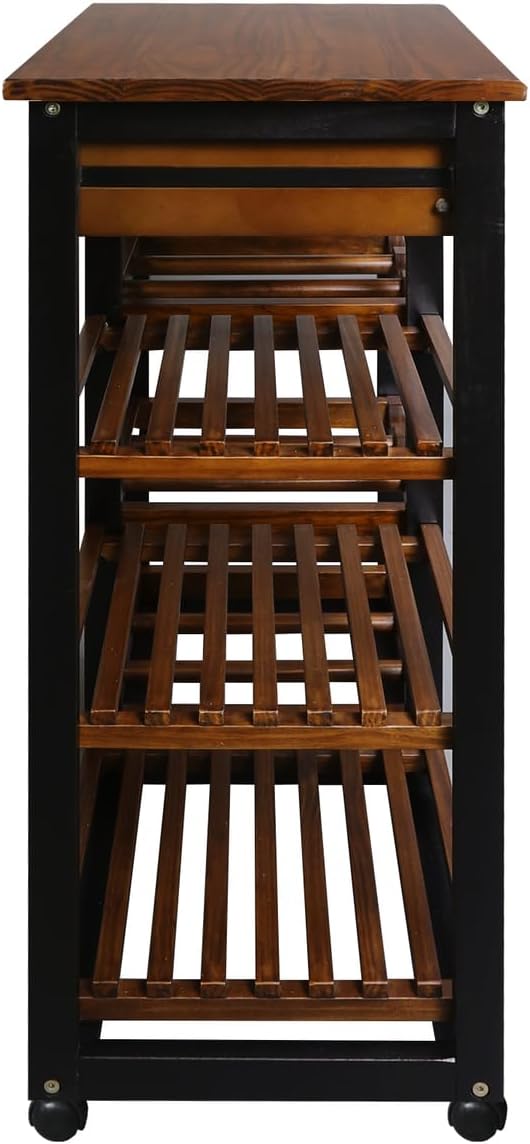 Casual Home Solid Wood 28" Wide l 4-Tier Rolling Kitchen Island Trolley with Wine Rack and Drawer, Mocha/Black