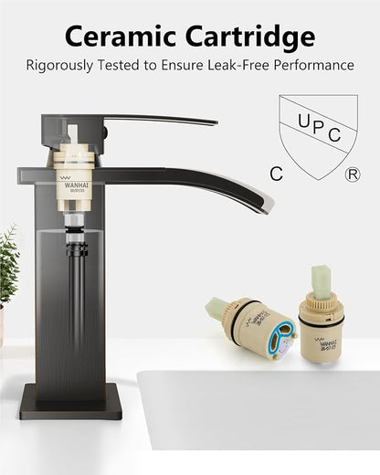 Waterfall Bathroom Faucet 1 Hole, Single Hole Bathroom Faucet, Single Handle Vanity Sink Faucet with Deck Plate, Pop-up Drain & Supply Lines, Oil Rubbed Bronze