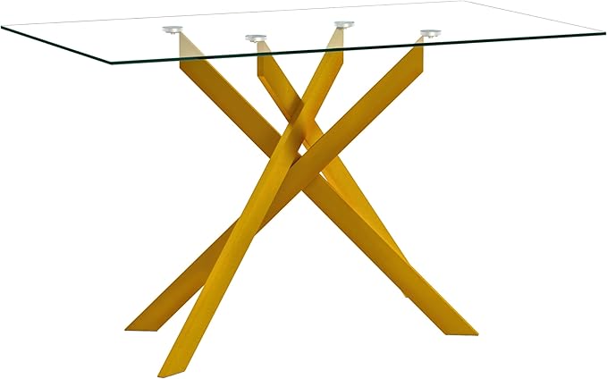 51" Rectangle Dining Table for 4 5 6 People, Modern Dining Table with Gold Chrome Metal X-Shaped Legs, Large Glass Kitchen Table Family Dinner Table for Home Office Living Room
