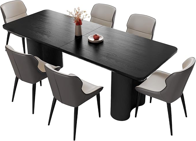 Miuuod 79" Extra Large Kitchen & Dining Table Set,Dining Room Table Set for Big Family, 1 Console Desk with 6 Chairs,Centre Table with Upholstered PU Chairs,Home Furniture Rectangular Modern, Black