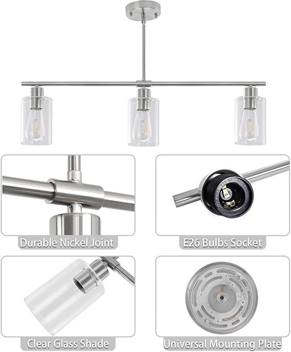 3 Lights Kitchen Island Lighting Brushed Nickel Pendant Light Fixtures with Glass Shade 31" Dining Room Chandeliers Adjustable Height Modern Linear Ceiling Hanging Light for Living Room, Foyer