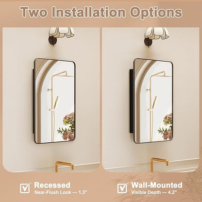 16x27.5 Medicine Cabinet with Mirror, Fully Assembled Recessed or Wall-Mounted Bathroom Mirrored Cabinet with Adjustable Storage Shelves for Vanity, Metal, Black