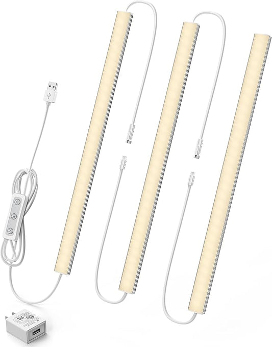 ASOKO HOME Dimmable Wired Under Cabinet Lighting - 3 Pack of 12-Inch Warm White 3000K Linkable USB LED Lights for Kitchen, Desk, Sink, and Workbench