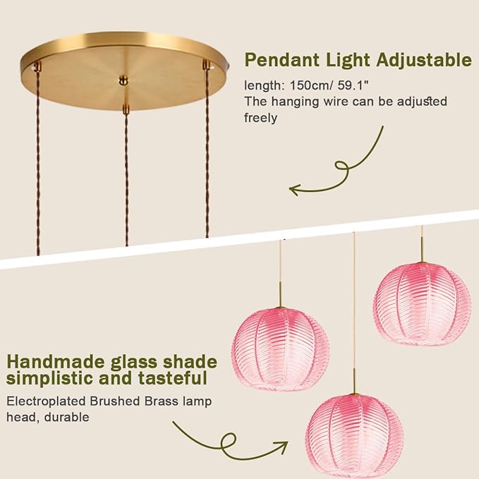 Cluster Chandelier 3-Lights Gold Pink Pendant Light Fixtures Glass Globe Chandeliers Dining Room Classic Glass Ball 8.6" Shade Adjustable Height Mid Century Modern Chandelier