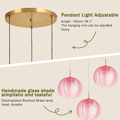 Cluster Chandelier 3-Lights Gold Pink Pendant Light Fixtures Glass Globe Chandeliers Dining Room Classic Glass Ball 8.6" Shade Adjustable Height Mid Century Modern Chandelier