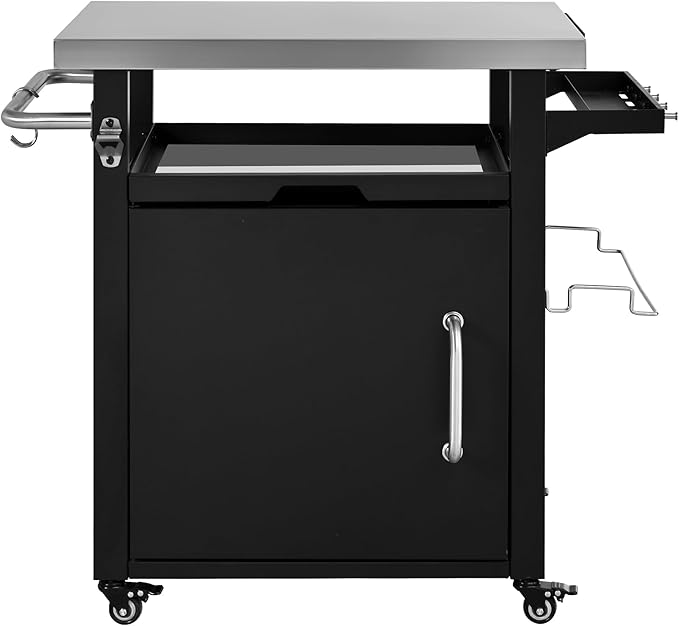 39.5" Outdoor Kitchen Island with Stainless Steel Top and Storage Cabinet, Metal Kitchen Island with Hooks and Spice Rack, Rolling Grill Cart with Wheels for BBQ Waterproof Cover Included Black