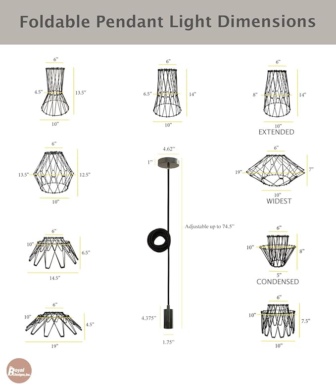 Royal Designs, Inc. Foldable Industrial Metal Pendant Light with Adjustable 7 ft Long Lamp Cord & Canopy, Create 9 Different Shapes, Polished Brass, Single