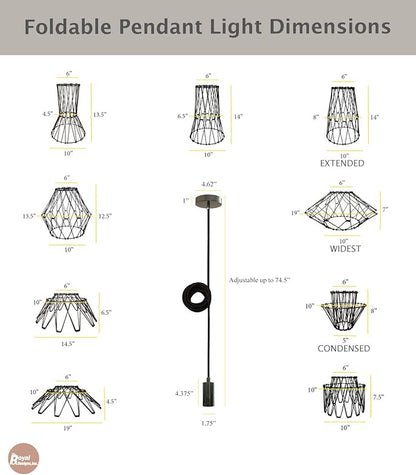 Royal Designs, Inc. Foldable Industrial Metal Pendant Light with Adjustable 7 ft Long Lamp Cord & Canopy, Create 9 Different Shapes, Polished Brass, Single