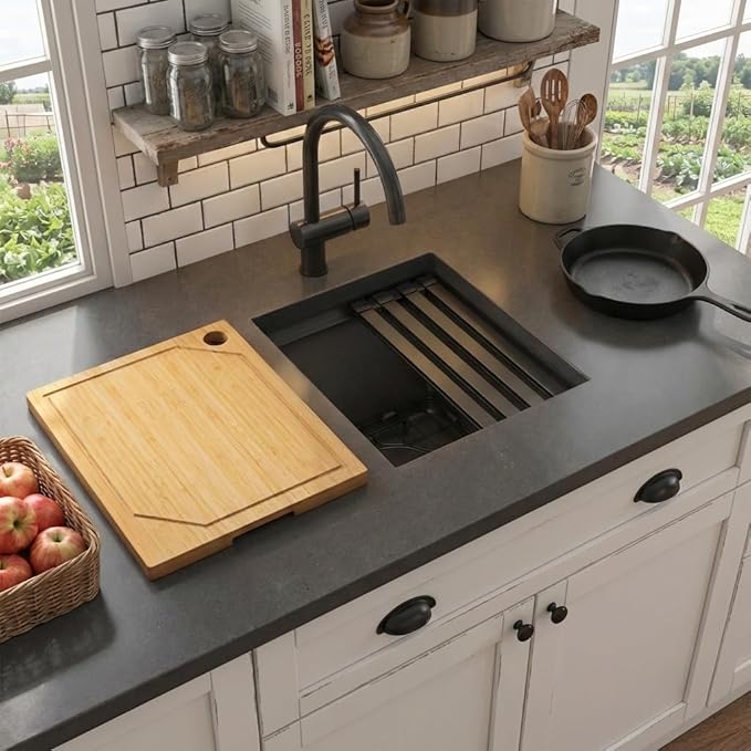 LQS Undermount Wet Bar Sink Black, Undermount Bar Sink Stainless Steel 13" x 15", Small 10" Deep Single Bowl Kitchen Sinks, Smart Workstation Ledge With Cutting Board For RV, Outdoor and Prep Use