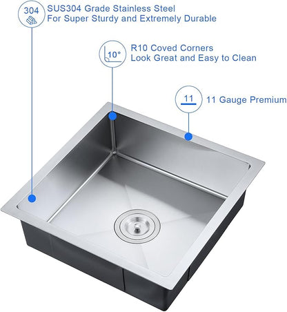 20 x 16 Inch Undermount Kitchen Sink - MENATT 18 Gauge Stainless Steel Handmade Single Bowl Kitchen Sink 6 inch Deep Basin Bowl, Brushed