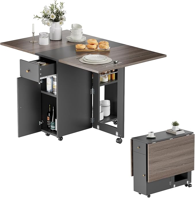 LotFun Folding Dining Table with 2 Storage Racks, Space Saving Dining Table with 6 Wheels, Kitchen Table for Small Spaces