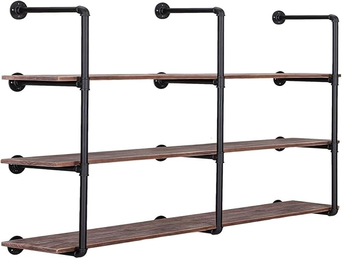 Pynsseu Industrial Iron Pipe Shelving Brackets Unit, Farmhouse Wall Mounted Pipe Shelves for Kitchen Bathroom, DIY Bookshelf Living Room Storage, 3Pack of 4 Tier